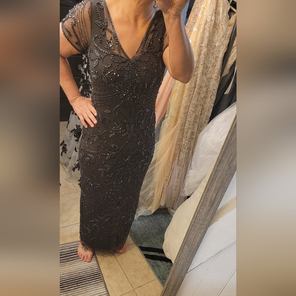 Pisarro Nights Cosmic Navy Beaded Gray Mesh Column  Formal Party Gown Size 4 - Picture 10 of 11